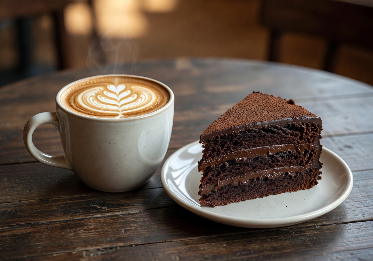 A perfectly poured latte next to a slice of chocolate cake