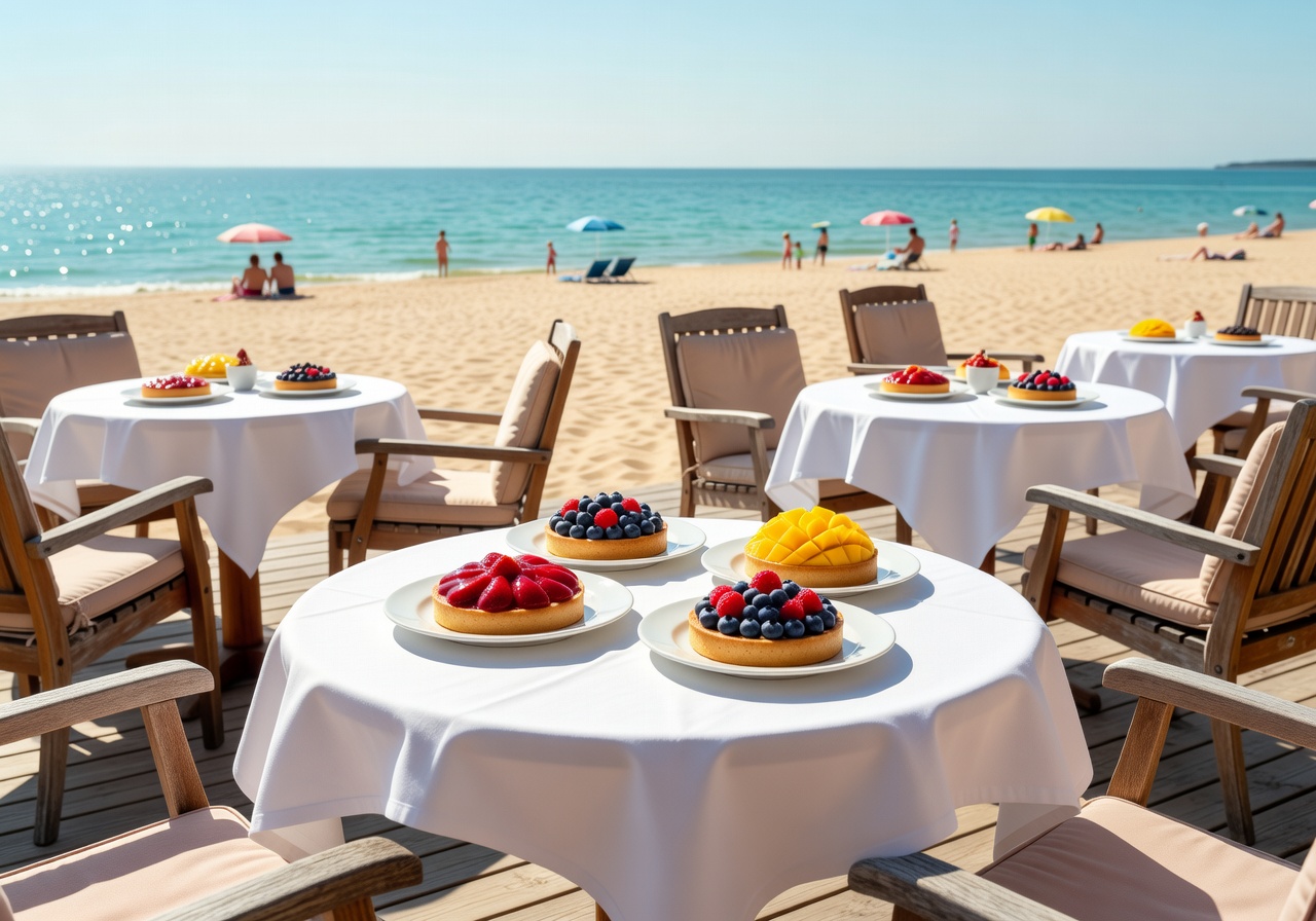 Sunny outdoor seating at a beachside cafe in Jurmala serving fruit tarts