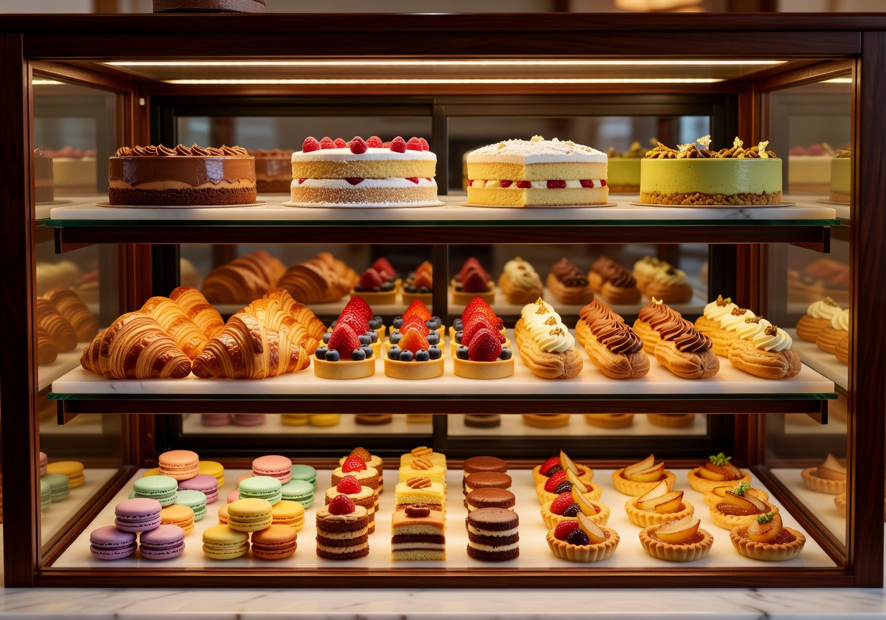 Display case filled with premium handmade pastries and cakes at Kukotava