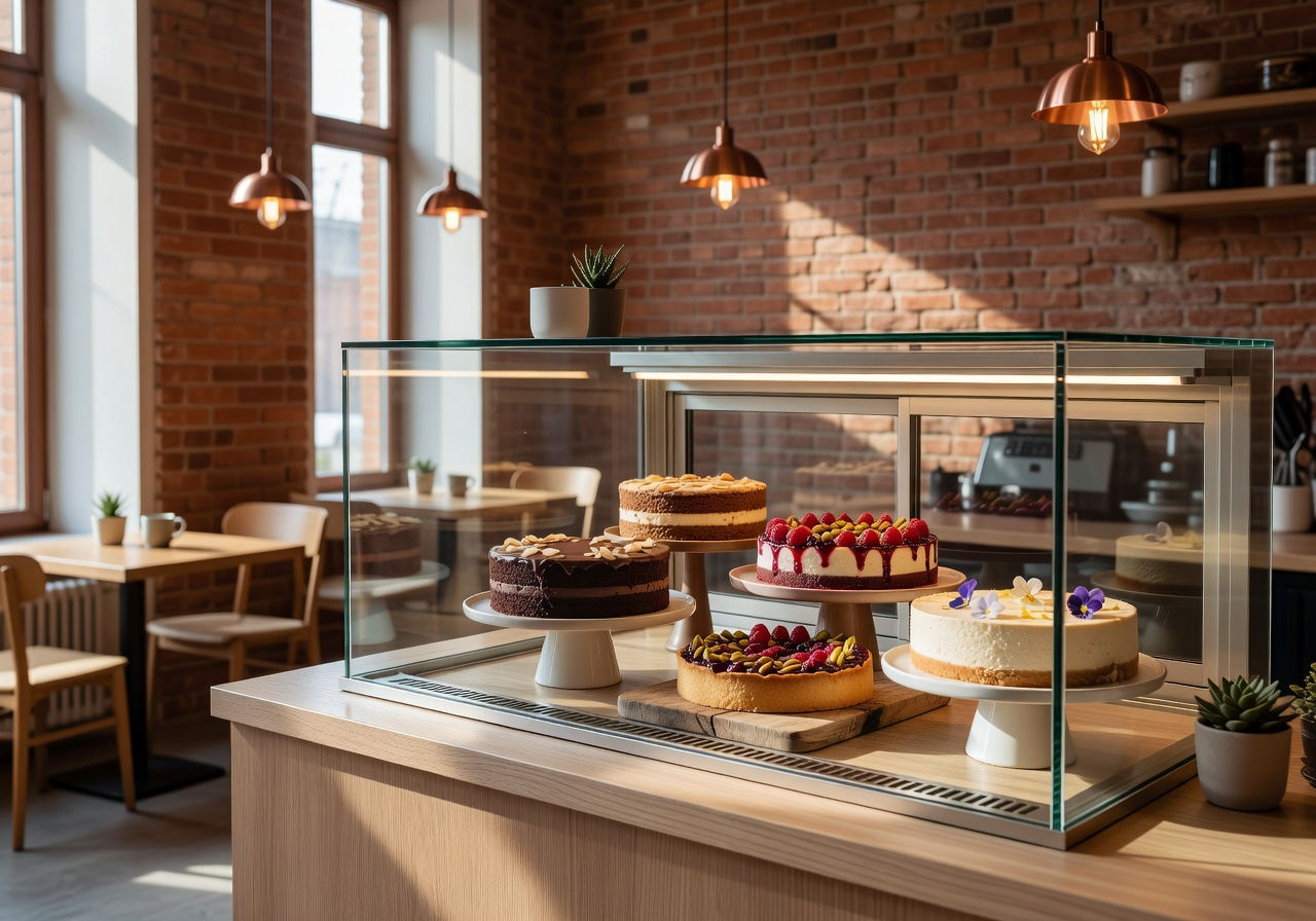 Interior of MiiT Coffee cafe in Riga with a display of vegan cakes