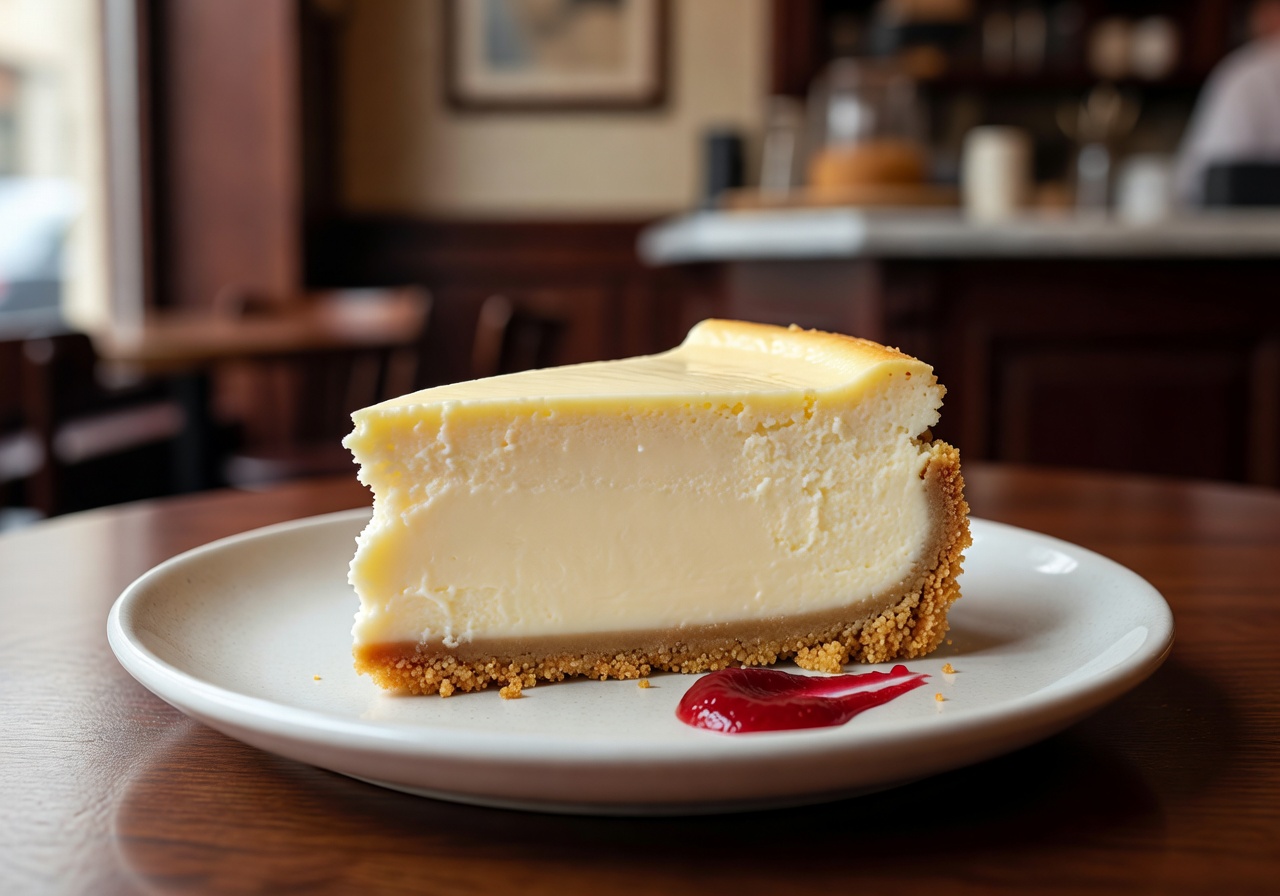 Classic New York style cheesecake slice