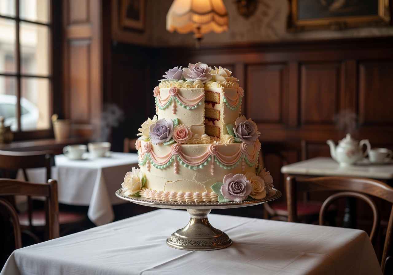 Vintage artistic cake presentation at Parunasim Kafeteeka