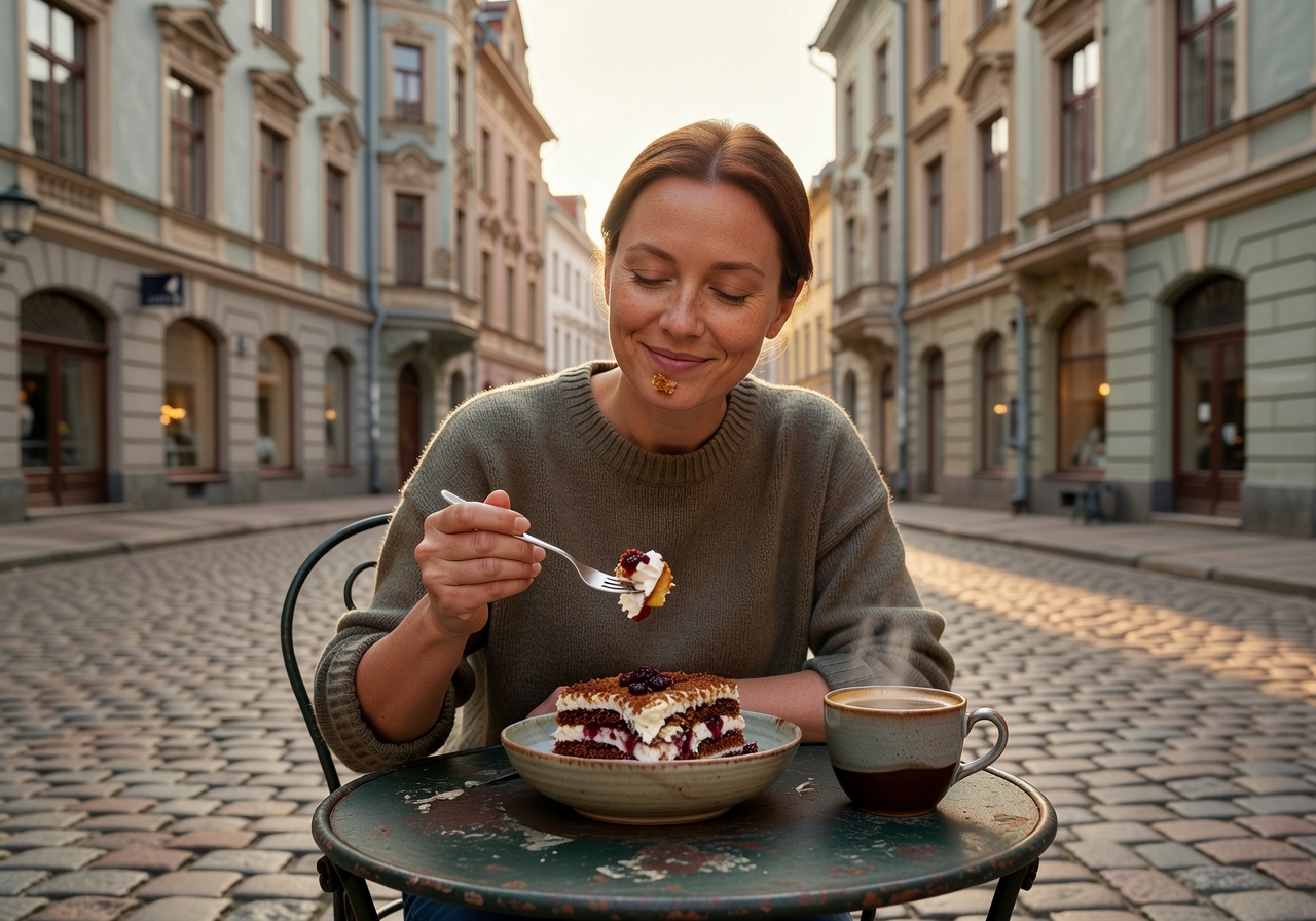 Person enjoying a dessert and coffee at an outdoor cafe in Riga