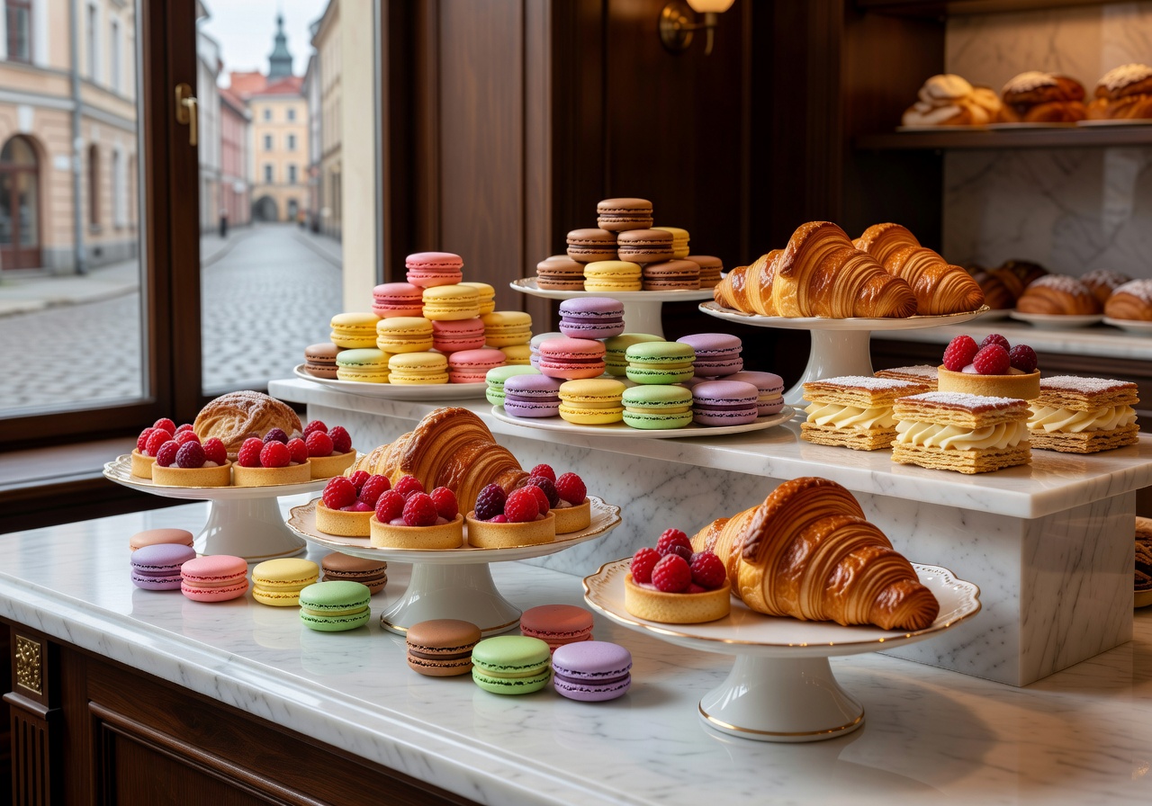 Elegant display of French pastries and macarons in a Riga bakery