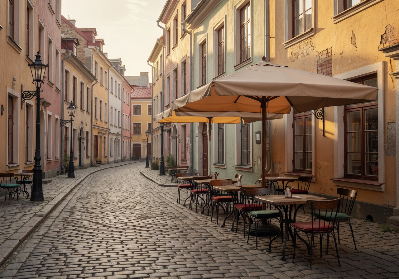Cobblestone street in Old Riga with cafe seating