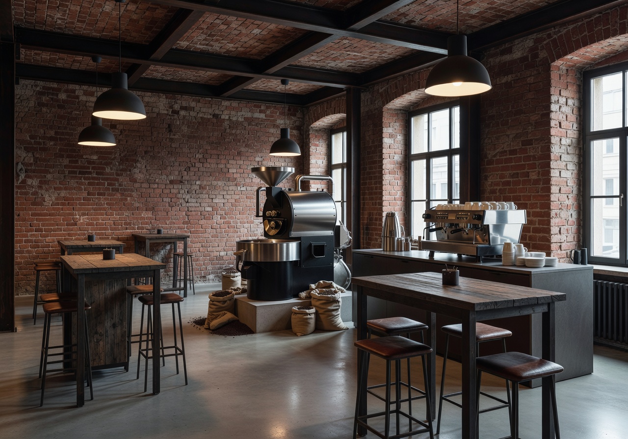 Stylish industrial interior of Rocket Bean Roastery in Riga