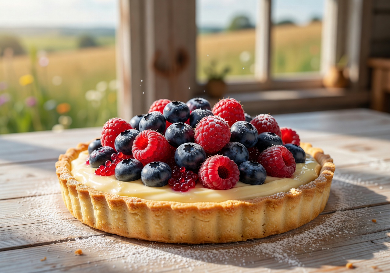 Tart filled with fresh summer berries like raspberries and blueberries